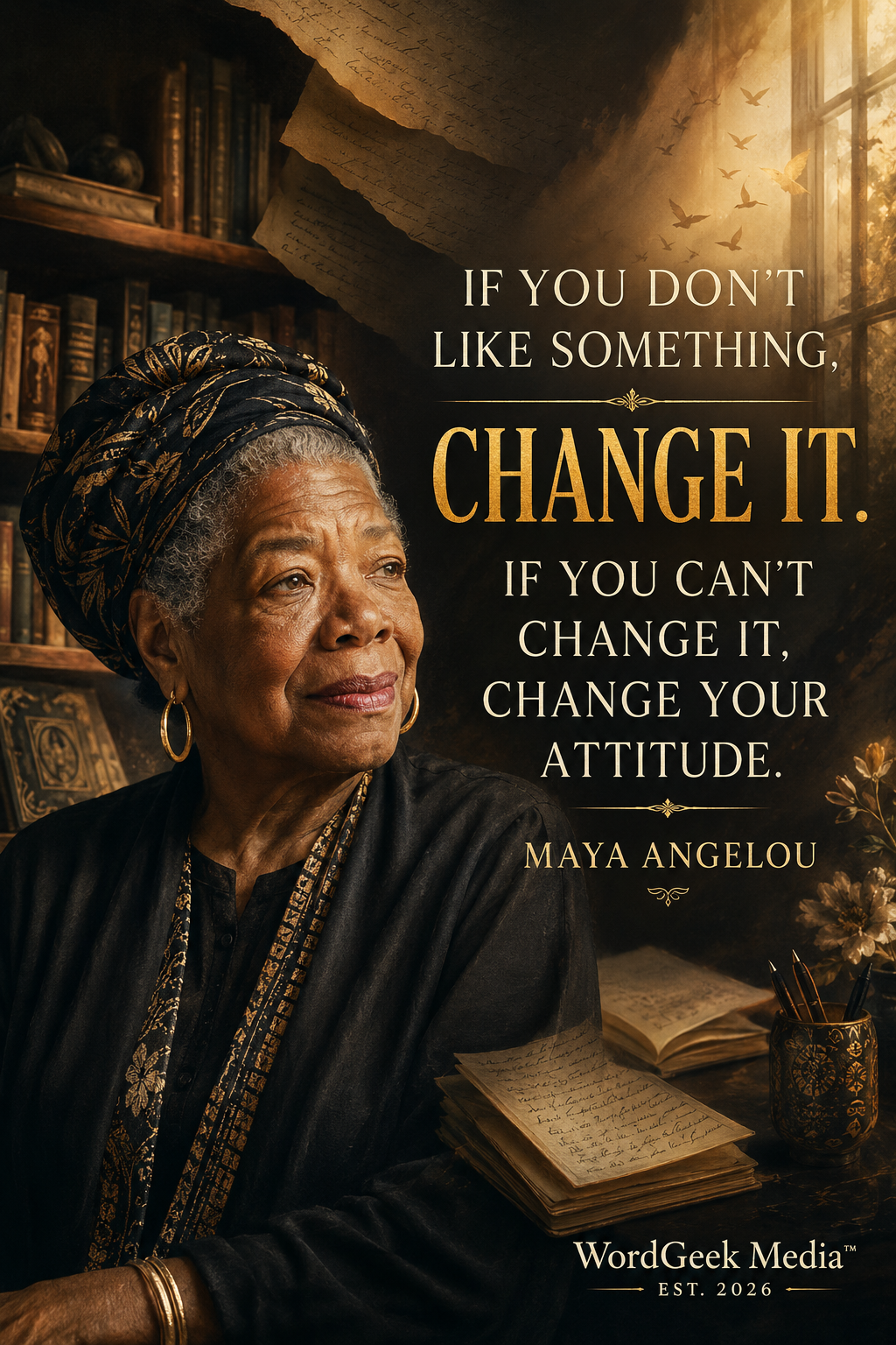 Original WordGeek Media portrait of Maya Angelou with the message: If you do not like something, change it. If you cannot change it, change your attitude.
