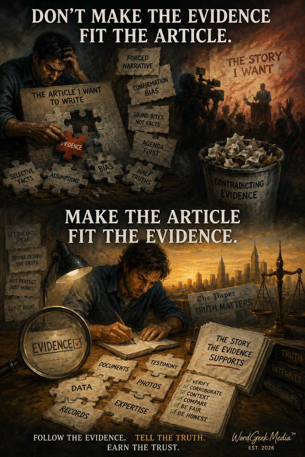Original WordGeek Media artwork stating: Don’t make the evidence fit the article; make the article fit the evidence. Follow the evidence, tell the truth, and earn the trust.