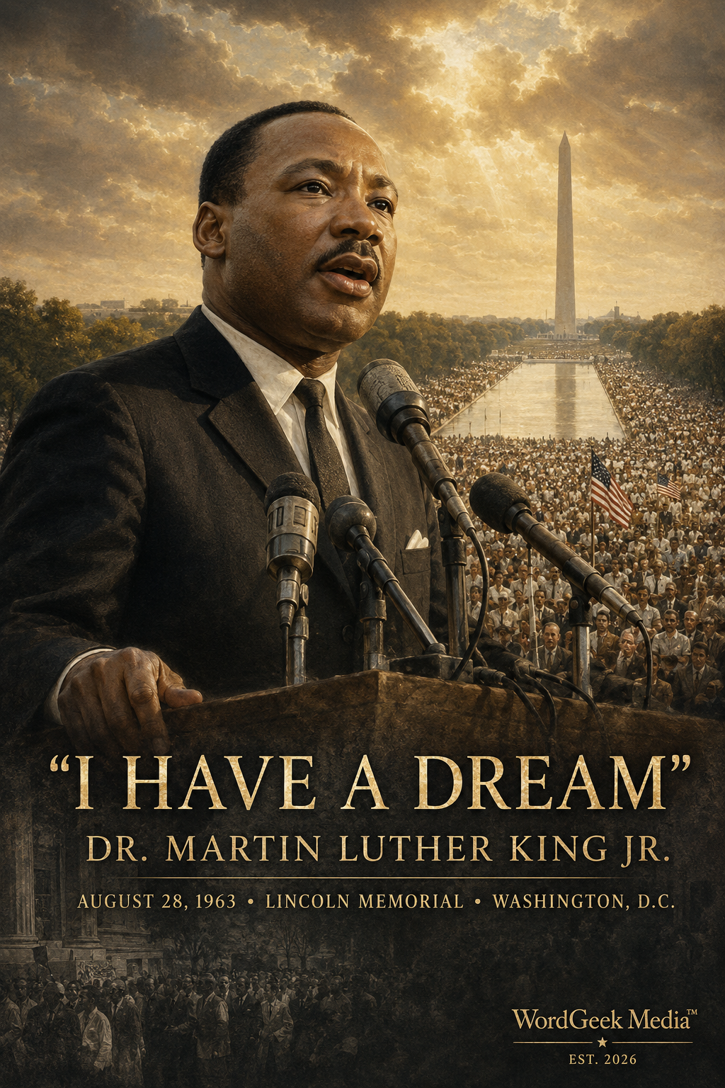 Original WordGeek Media portrait of Dr. Martin Luther King Jr. delivering the I Have a Dream speech at the Lincoln Memorial on August 28, 1963.