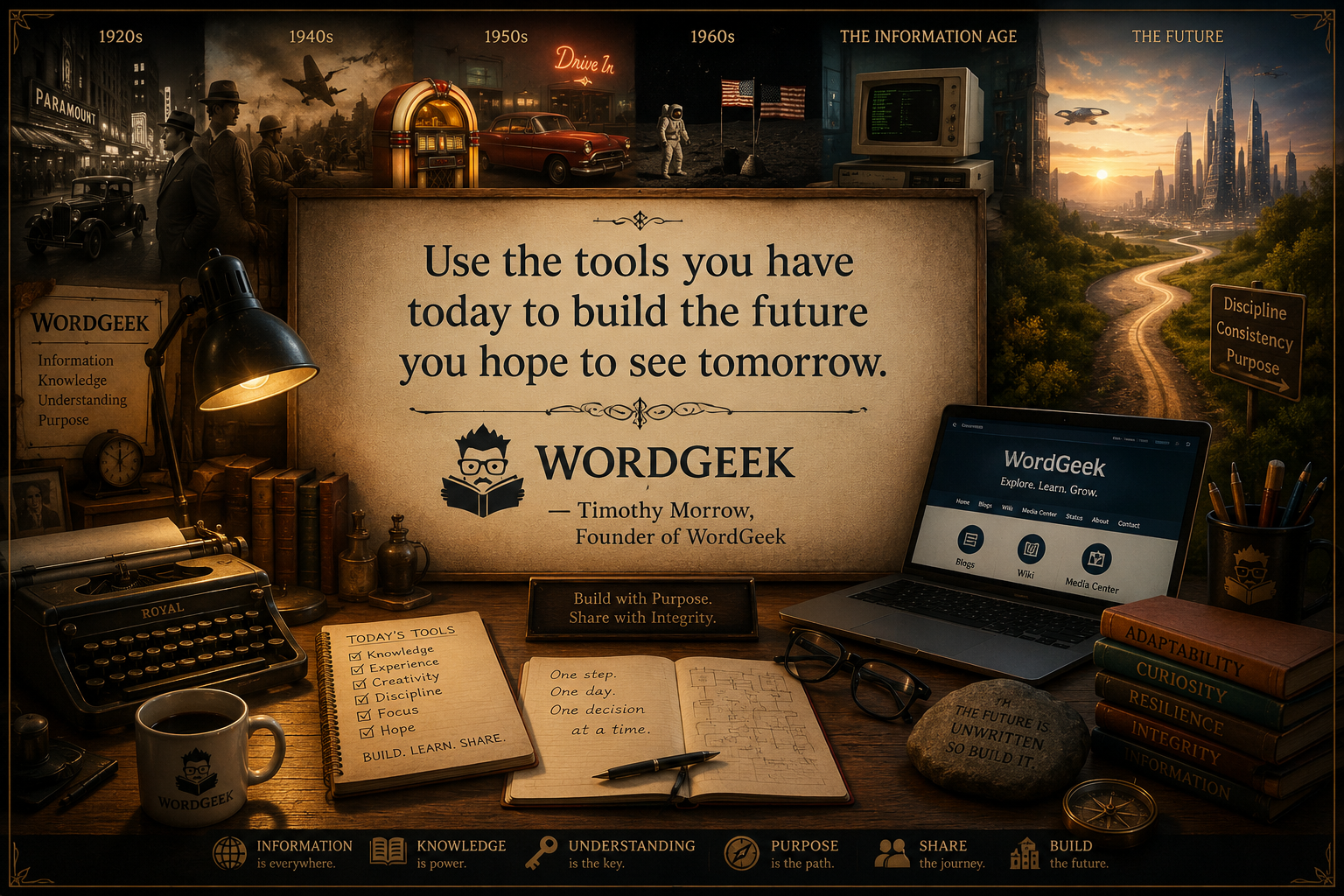 Original WordGeek Media artwork encouraging people to use today's tools to build the future they hope to see tomorrow.