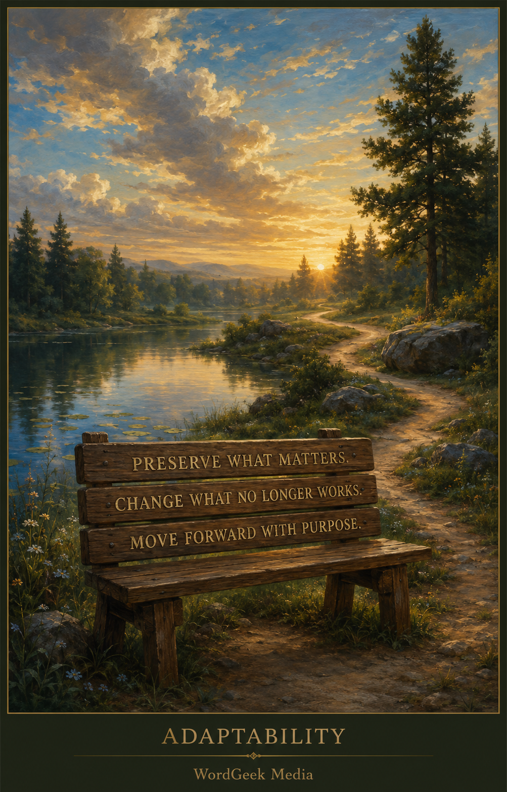 Original WordGeek Media artwork showing a sunlit path beside a lake and a bench bearing the message: Preserve what matters; change what no longer works; move forward with purpose.