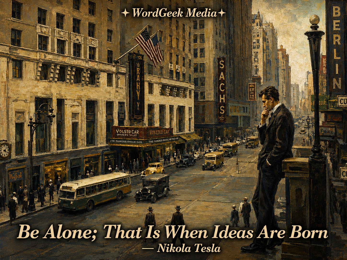 Original WordGeek Media artwork inspired by Nikola Tesla and the idea that solitude can lead to invention.